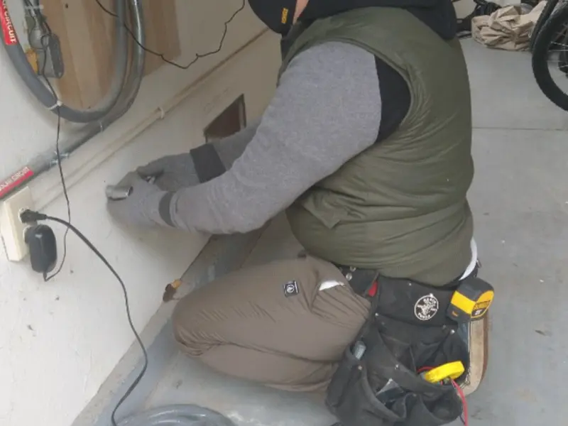 Electrician performing outlet wiring in a Menominee garage